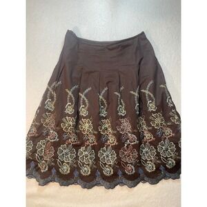 Autograph New York Brown Floral Embroidered Scalloped Hem A-Line Skirt Size 8